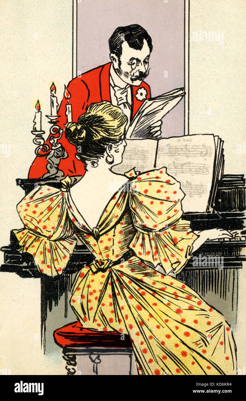 Piano lesson - illustration Coloured drawing. Young woman in spotted dress playing piano with score and man with with monocle leaning across.  Candelabra.  19th century. postcard Stock Photo