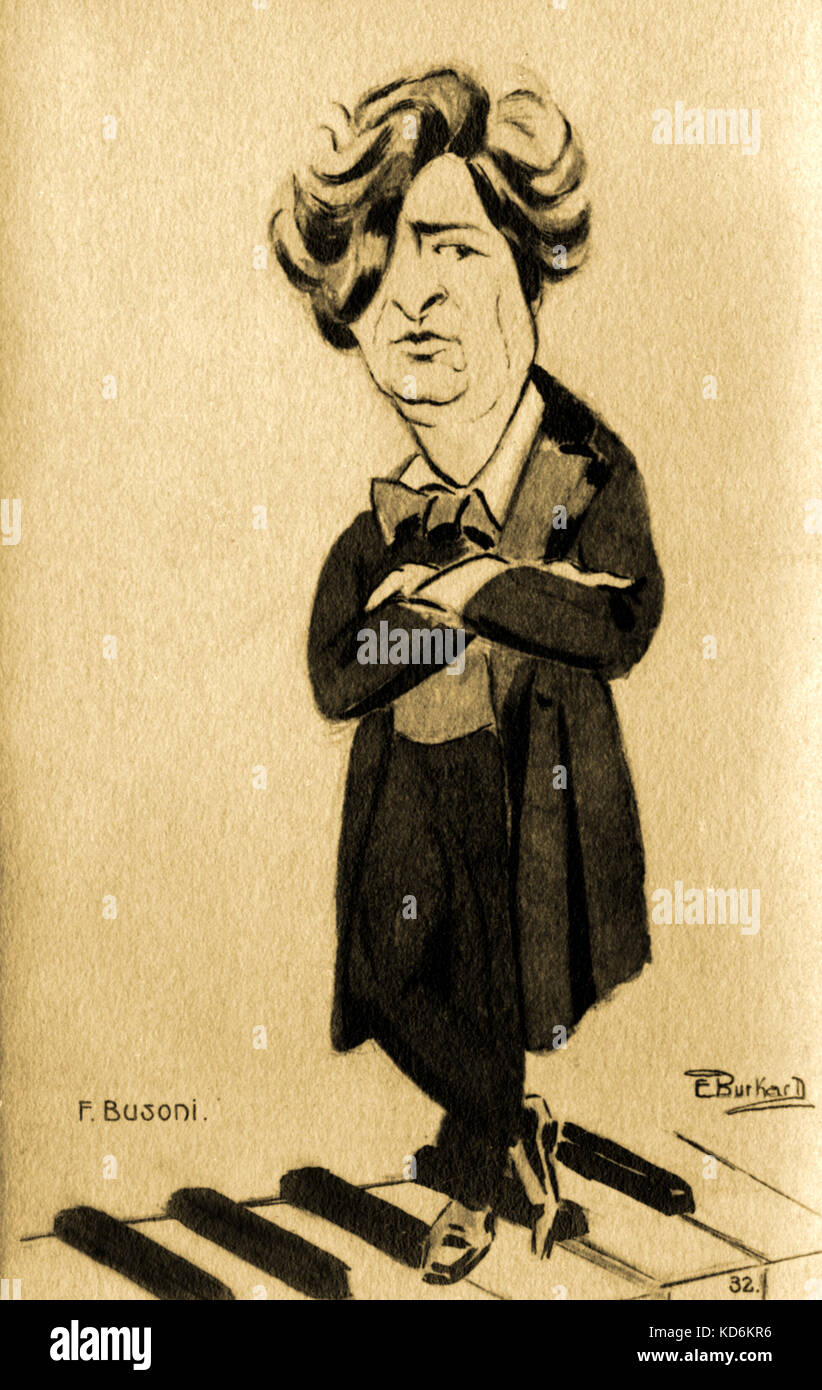 Ferruccio Busoni - caricature by E. Burkard. Standing on keyboard, in concert dress, arms folded.  German-Italian conductor and pianist, 1 April 1866 - 27 July 1924. Stock Photo