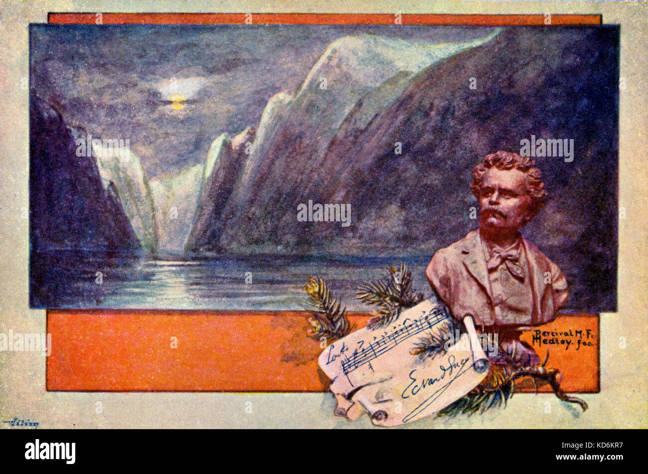 Edvard Hagerup Grieg - painting by M.F. Percival depicting Norwegian scenery (lake / fjord and mountains) as background to bust of the composer with notation and signature.   Norwegian composer of Scottish descent; 15 June 1843 - 4 September 1907. postcard Stock Photo
