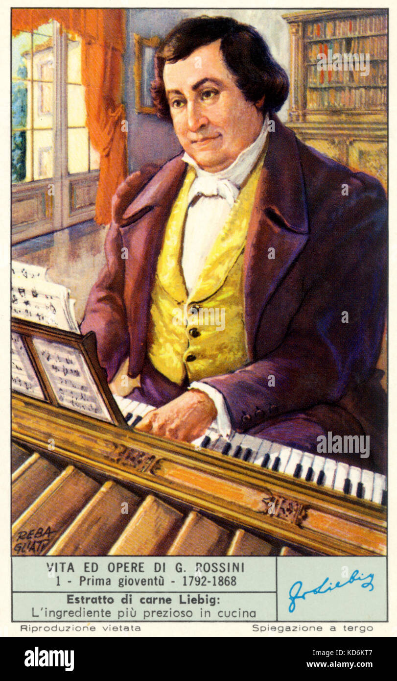 Gioachino Rossini - portrait at keyboard composing Italian composer, 29 February 1792 - 13 November 1868.  Score.  Books. Liebig collection card. Stock Photo