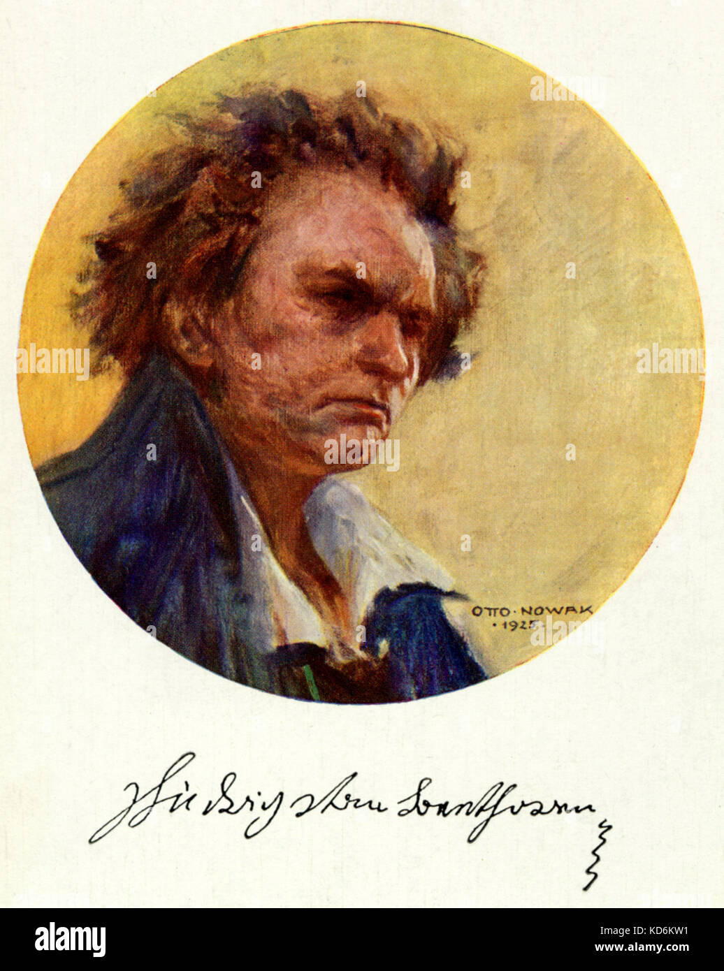 Ludwig van Beethoven - portrait by Otto Nowak, 1925. Postcard with Beethoven's signature. LvB, German composer: 1770 - 1827. ON, painter: 1874 -1945. Stock Photo