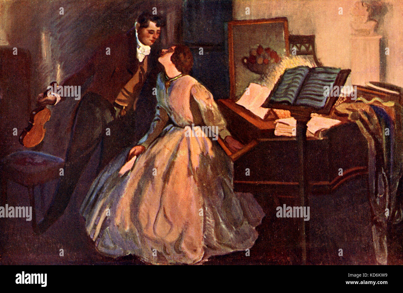 Ludwig van Beethoven Kreuzer Sonata. Couple kissing. Woman at the piano and man holding violin.  German composer, 1770-1827. Postcard Stock Photo