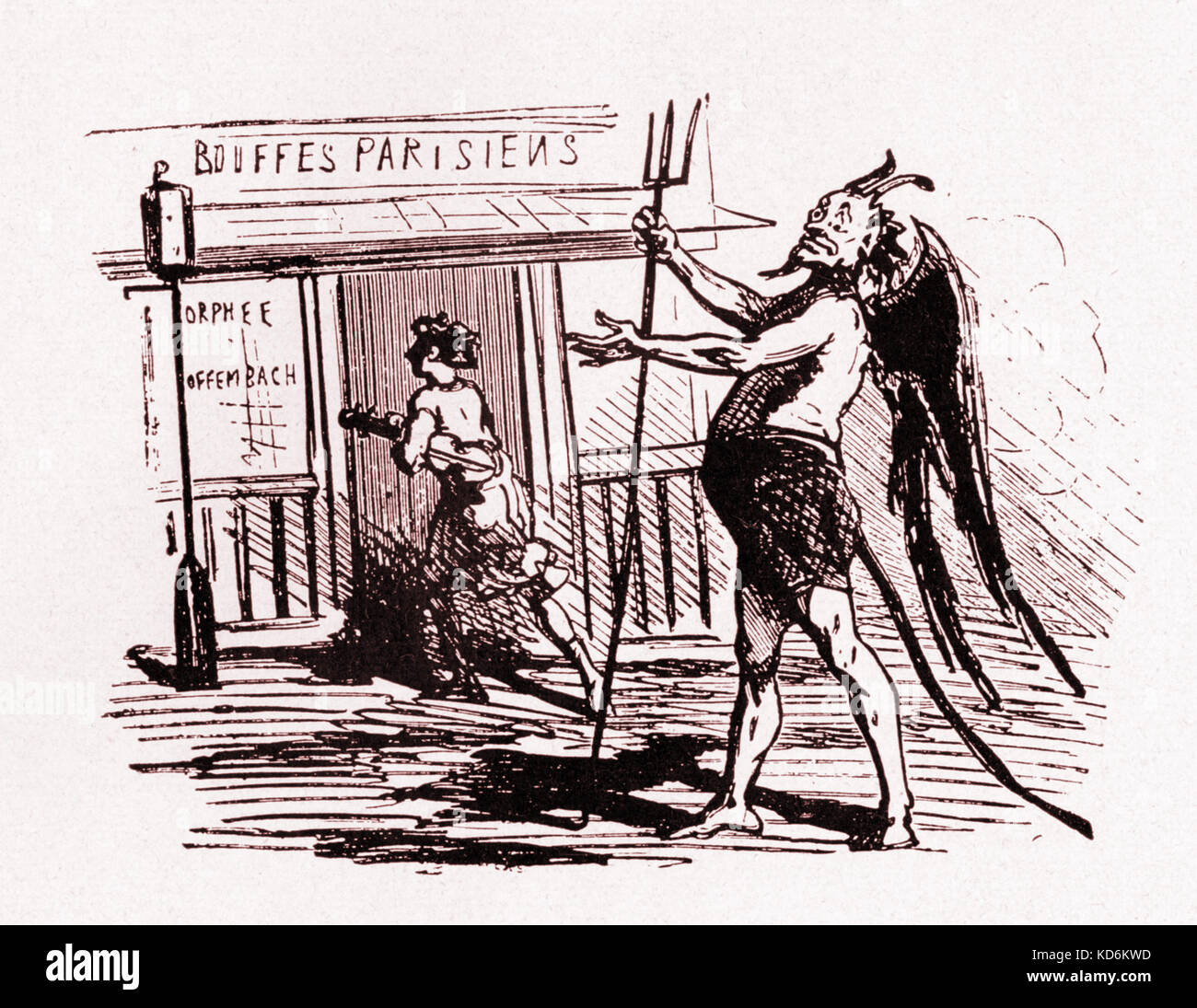 Jacques Offenbach - Orfée aux Enfers Caricature showing Pluto stranded outside Bouffes Parisiens, while Orpheus marches in with violin under arm. German/French composer, 20 June 1819 - 5 October 1880. Stock Photo