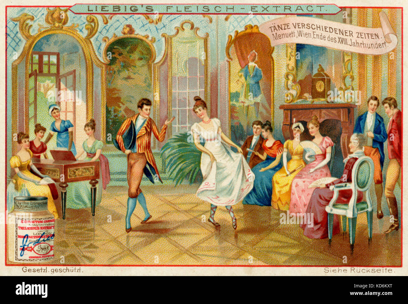Couple dancing the minuet at end of 18th century. Ornate baroque hall in Vienna, Austria.  harpsichord.  Elegant society. Liebig Fleisch-Extract collection cards. Stock Photo