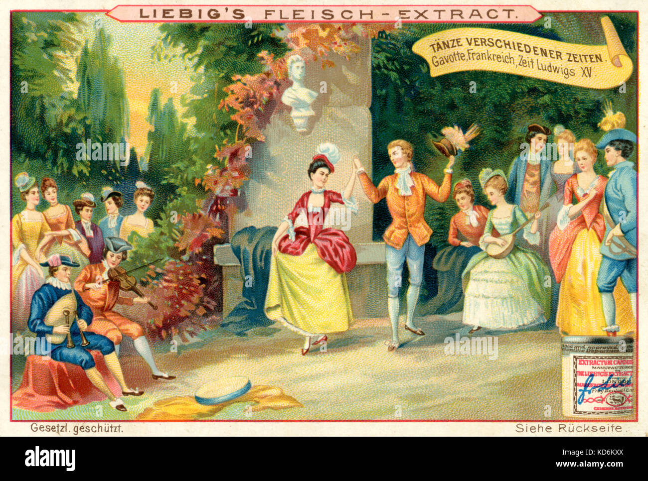 Couple dancing the gavotte in French garden scene. Time of  Louis XV (1710 - 1774), Baroque. Minuet  Instruments include bagpipes, viola, guitar. France Liebig Fleisch-Extract collection cards. Stock Photo
