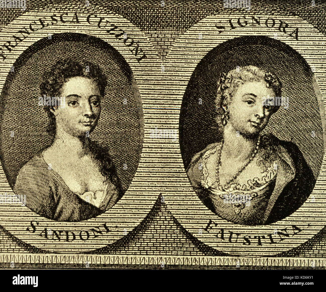 Francesca Cuzzoni and Signora Faustina Bordoni. Notoriously the two singers had a fight onstage during a performance of Bononcini's Astianatte in 1727.  Both sang in many of Handel's operas.  Cuzzoni, Italian soprano, 1700 - 1770.  Bordoni, Italian mezzo, 1700 - 1781. Stock Photo