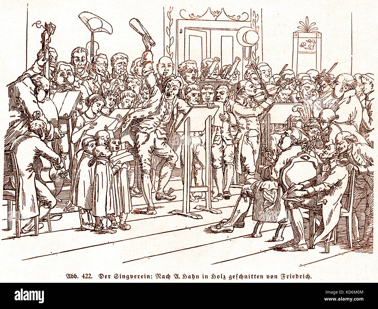 Der Singverein - Society of singers after  U. Hahn, woodcut by Friedrich.  Violinists and choral singers.  18 th century costume.  Mozart connection.  German.  Germany. Violinists Stock Photo