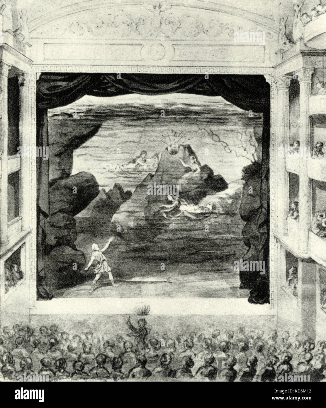 Wagner ' s Rheingold première in Munich in 1869. First picture published from production, after watercolour. Conducted by Wüllner. Ring des (The Ring of the Nibelung, Ring Cycle). Wagnerian tetralogy.