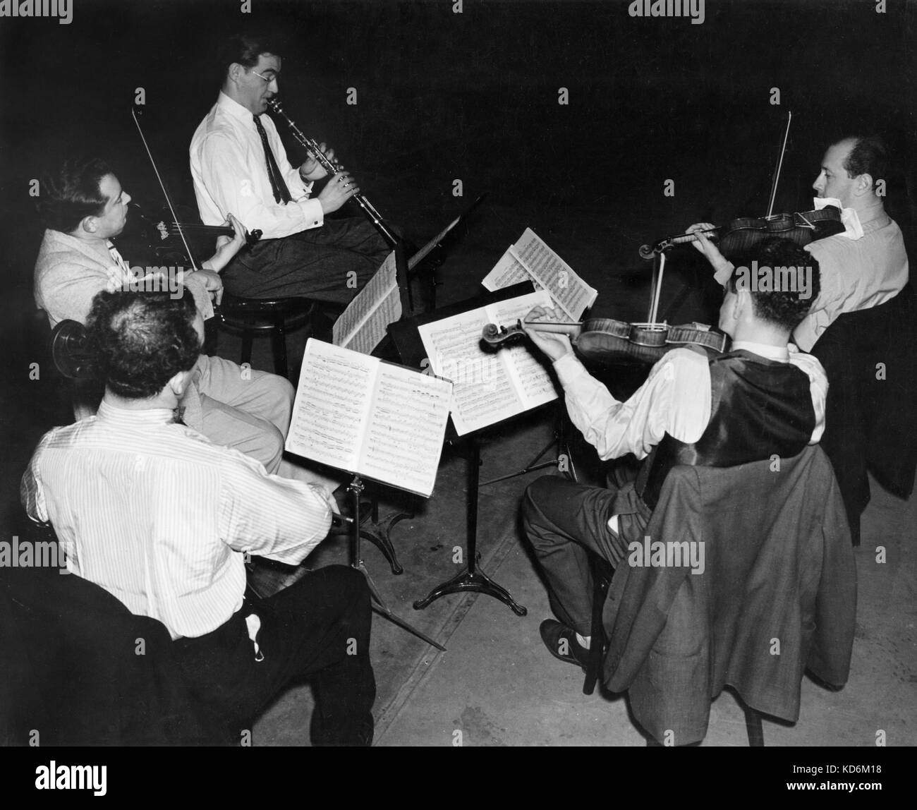 Benny Goodman and the Budapest Quartet. Musicians playing instruments including clarinet, violins and cello.  Score, notation. Stock Photo