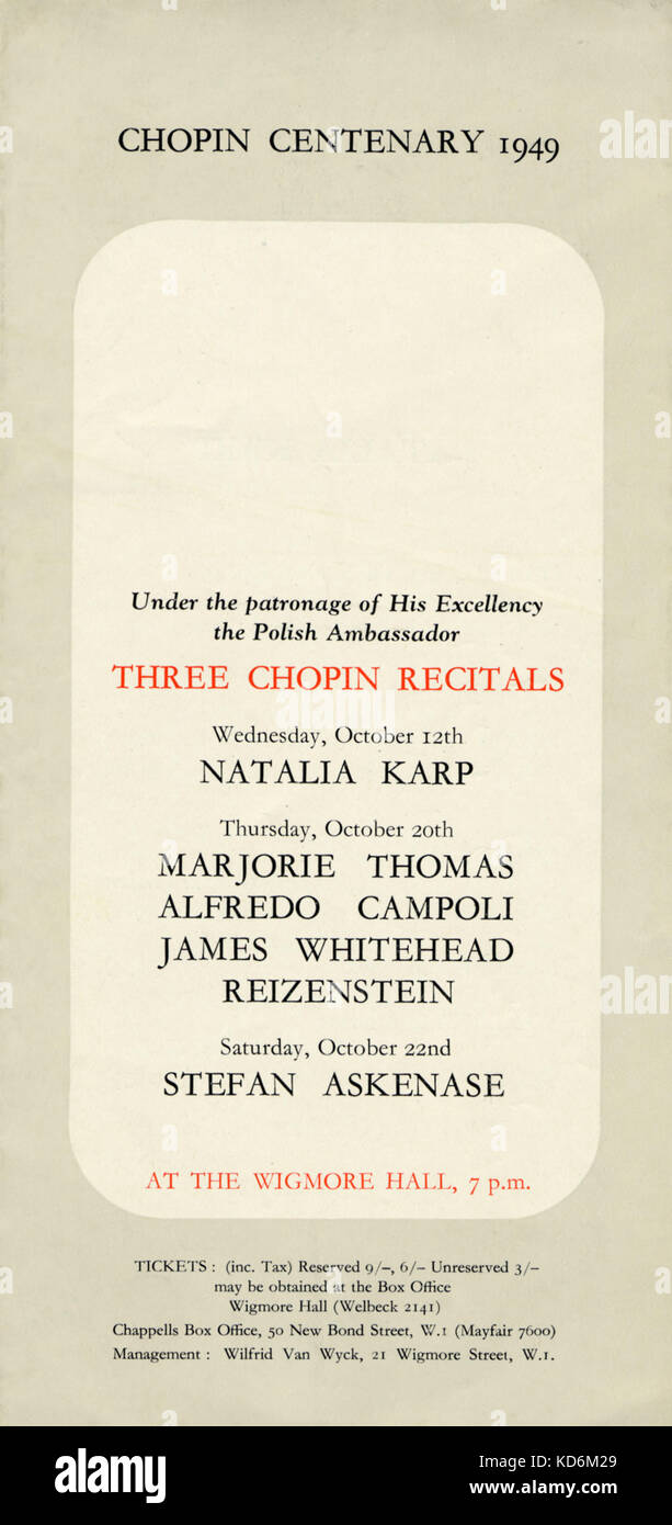 Chopin Centenary Programme of 1949, under the patronage of His Excellency the Polish Ambassador, for three Chopin recitals at Wigmore Hall. Three Chopin Recitals:  Natalia Karp October 12, Reizenstein, Marjorie Thomas, Alfredo Campoli, James Whitehead October 20, Stefan Askenase, October 22. Stock Photo