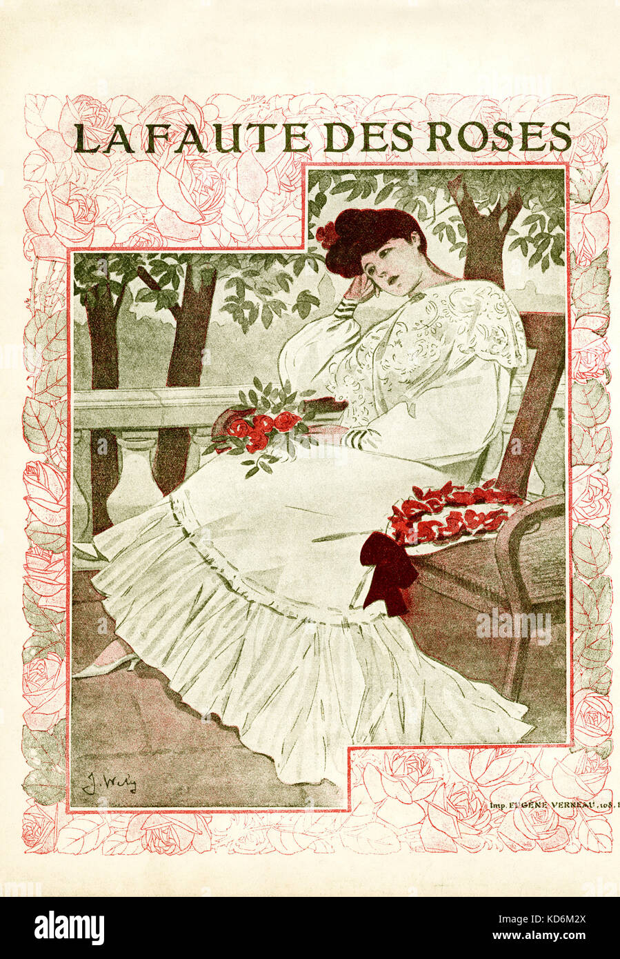 woman in white dress sitting outdoors with bouquet of  roses.  Score cover for slow waltz ' La Faute des Roses '. Stock Photo