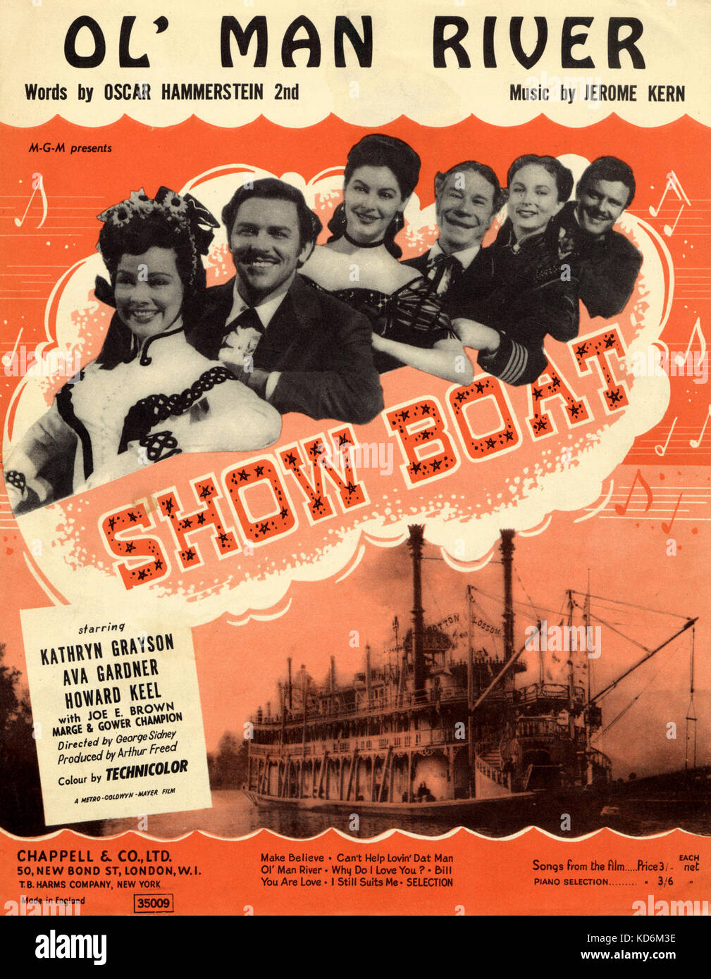 Jerome Kern 's musical ' Show Boat ' - score cover for  song  Ol' Man River from 1951 film version of the 1927 musical, with Kathryn Grayson, Ava Gardner and Howard Keel, directed by George Sydney (MGM). Words by Oscar Hammerstein II (American librettist, 1895-1960).  Music by J. Kern. Arrangement for piano. Published Chappell & Co., London & Sydney. Copyright 1928 T.B. Harms Company Stock Photo