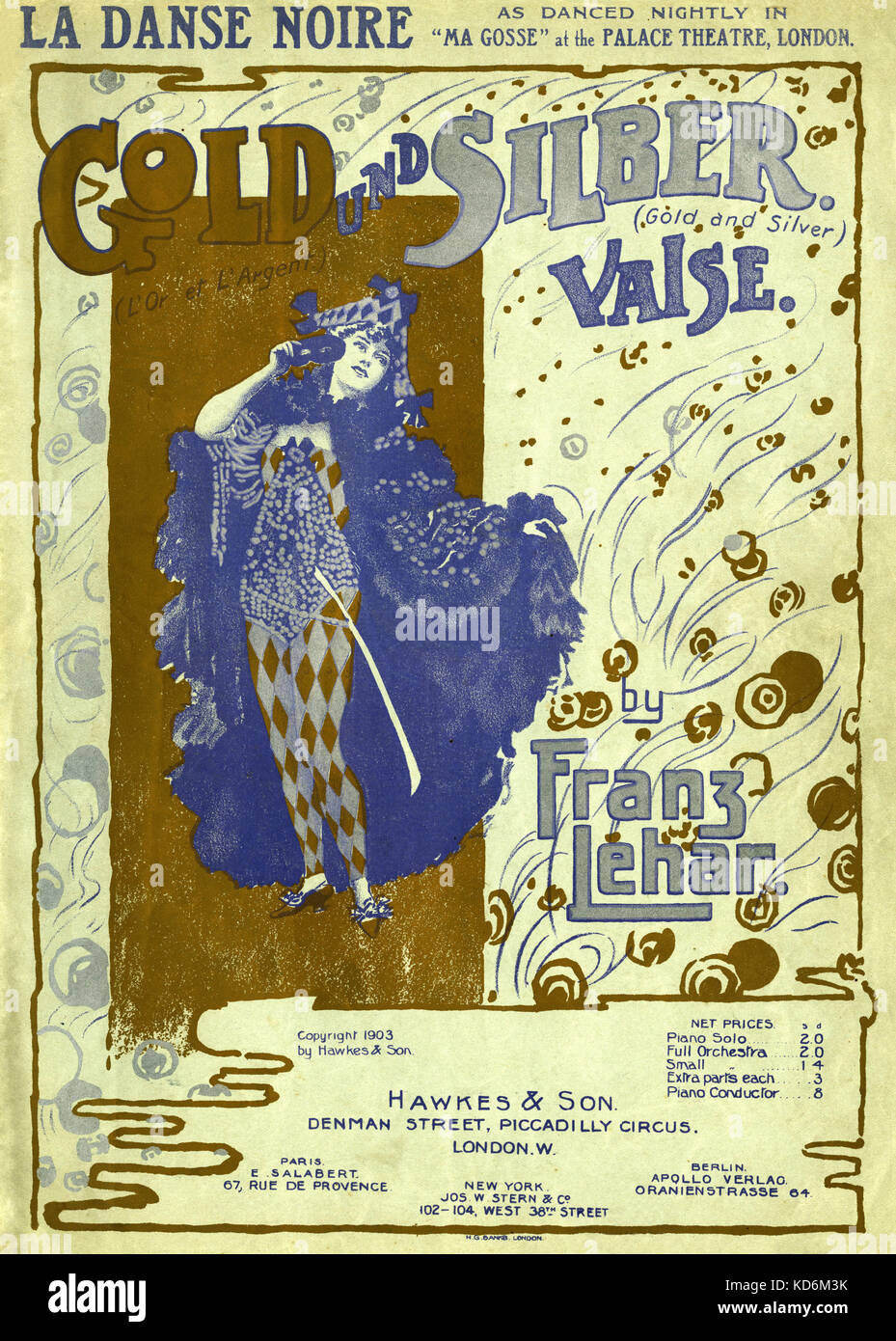 ' Gold und Silber  Valse'  (Gold and Silver Waltz) by Franz Lehar. 30 April 1870 - 24 October 1948.   Score cover reads 'La Danse Noire - As danced nightly  in ' Ma Gosse' at the Palace Theatre, London''  . Hawkes and Son, London, 1903 Stock Photo