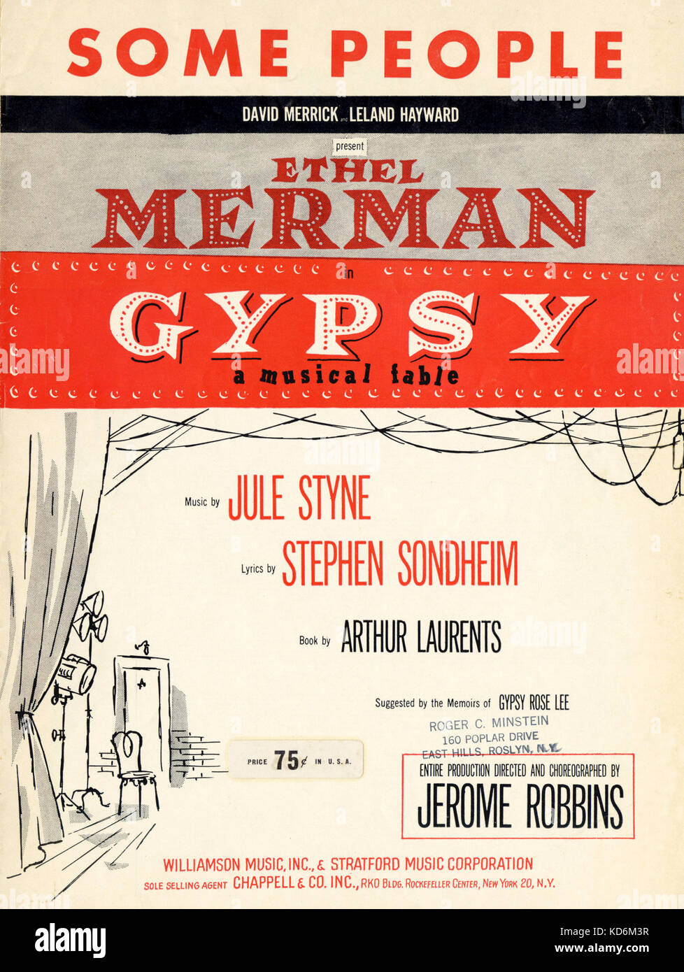 Score cover of Gypsy, a musical fable. Music by Julie Styne, lyrics by  Stephen Sondheim, book by Arthur Laurents, suggested by the memoirs of Gypsy  Rose Lee. Choreography by Jerome Robbins. Williamson