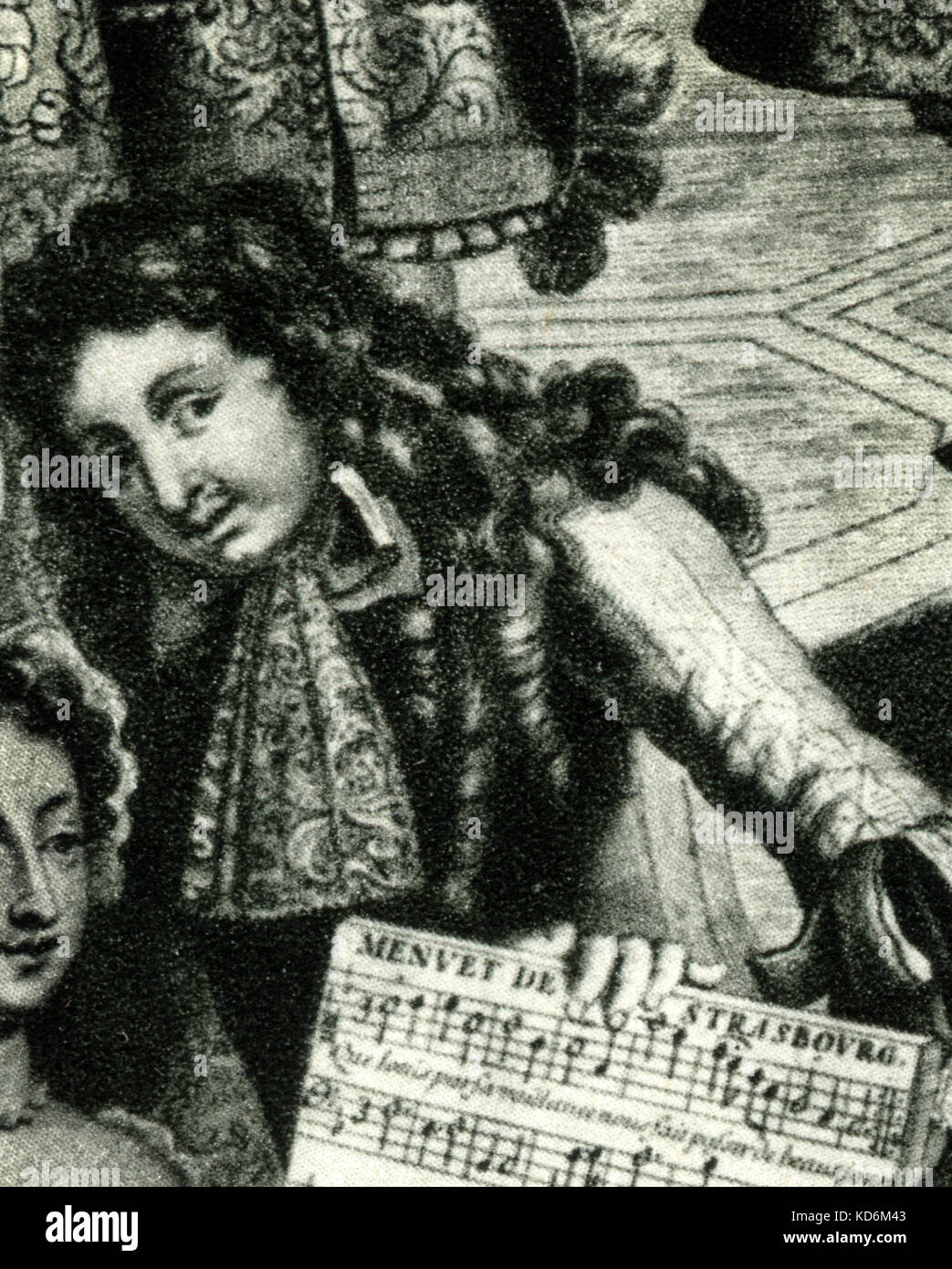 Marc-Antoine Charpentier - portrait - detail from  engraving by Landry entitled 'The Royal Almanac of 1682' & celebrating Louis XIV's military victory in Alsace. Score is excerpt from Menuet de Strasbourg by Charpentier. Louis XIV dancing minuet.  Thought to be Marc-Antoine Charpentier holding score and only portrait in existence-according to MA Charpentier Society . Stock Photo