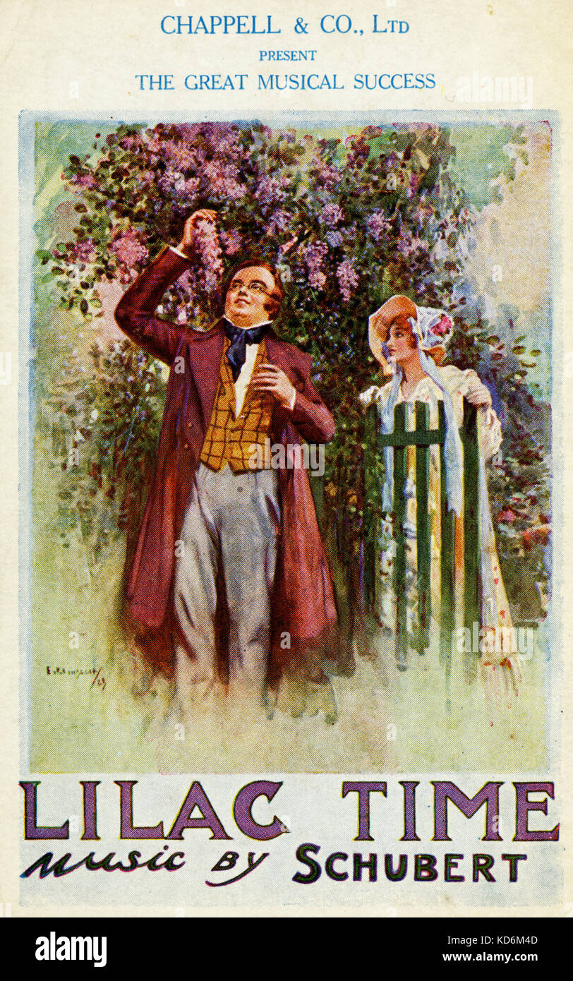 Musical  ' Lillac Time '  with music by Franz Schubert. Performed at the Lyric Theatre, Shaftesbury Avenue, London. Pre-World War II promotional illustration for the musical  'Chappell and Co presents the great musical success'.  man admiring lilac tree with lady. colour postcard Stock Photo
