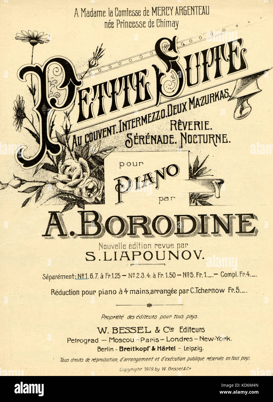 Score cover of Alexander Borodin's ' Petite Suite Au Couvent Intermezzo Deux Mazurkas ' for piano reviewed by Sergei Liapunov. Russian composer & chemist, born 12 November 1833 died 27 February 1887. Published W. Bessel & Co., 1910. Stock Photo