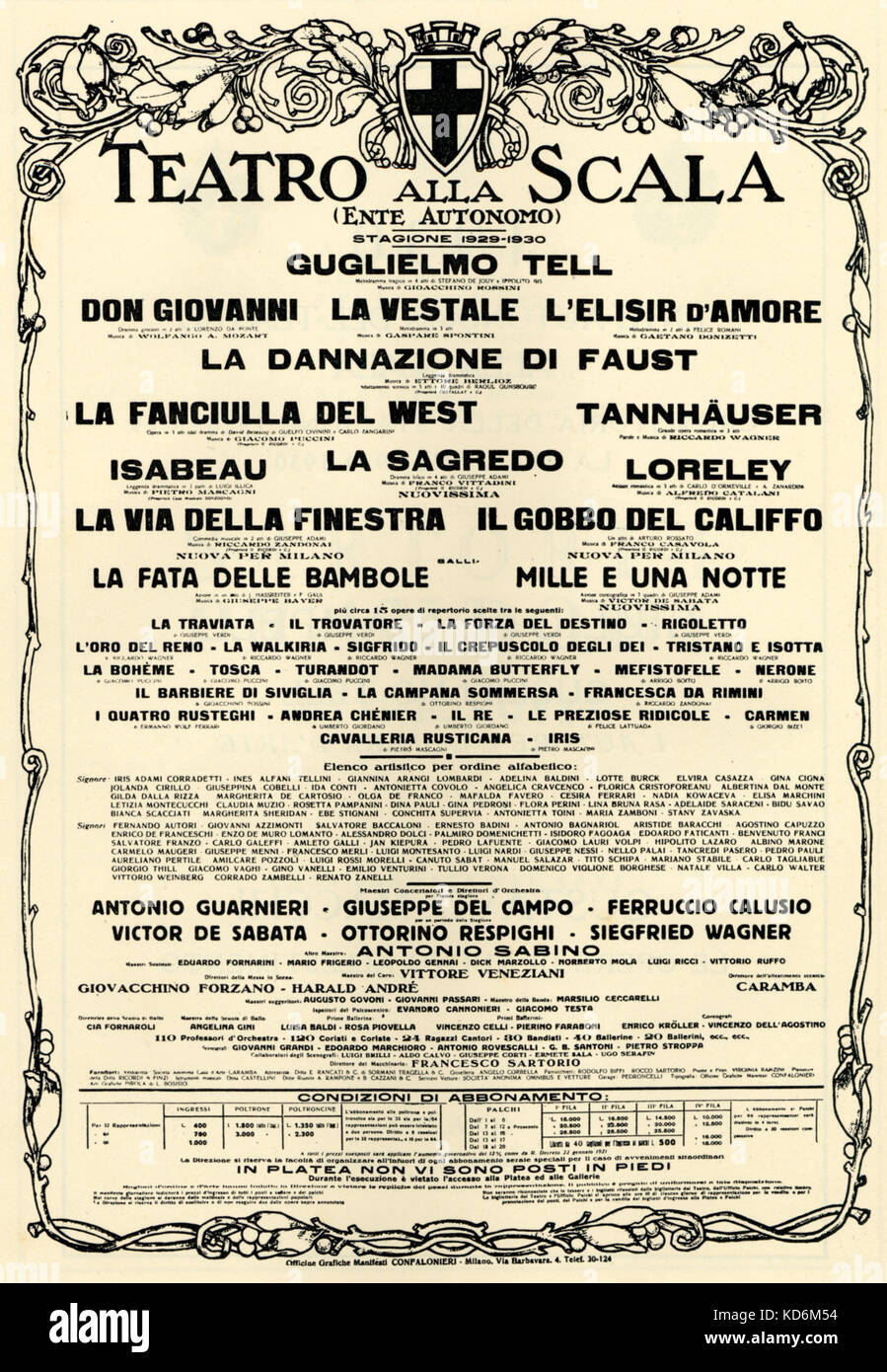 Playbill / poster for La Scala, 1929 - 1930 season.  Gioacchino Rossini 's William Tell, Hector Berlioz 's Faust, Wolfgang Amadeus Mozart ' Don Giovanni, Richard Wagner 's Tannhauser, Gaetano Donizaetti 's L'Elisir D'Amore, etc Stock Photo