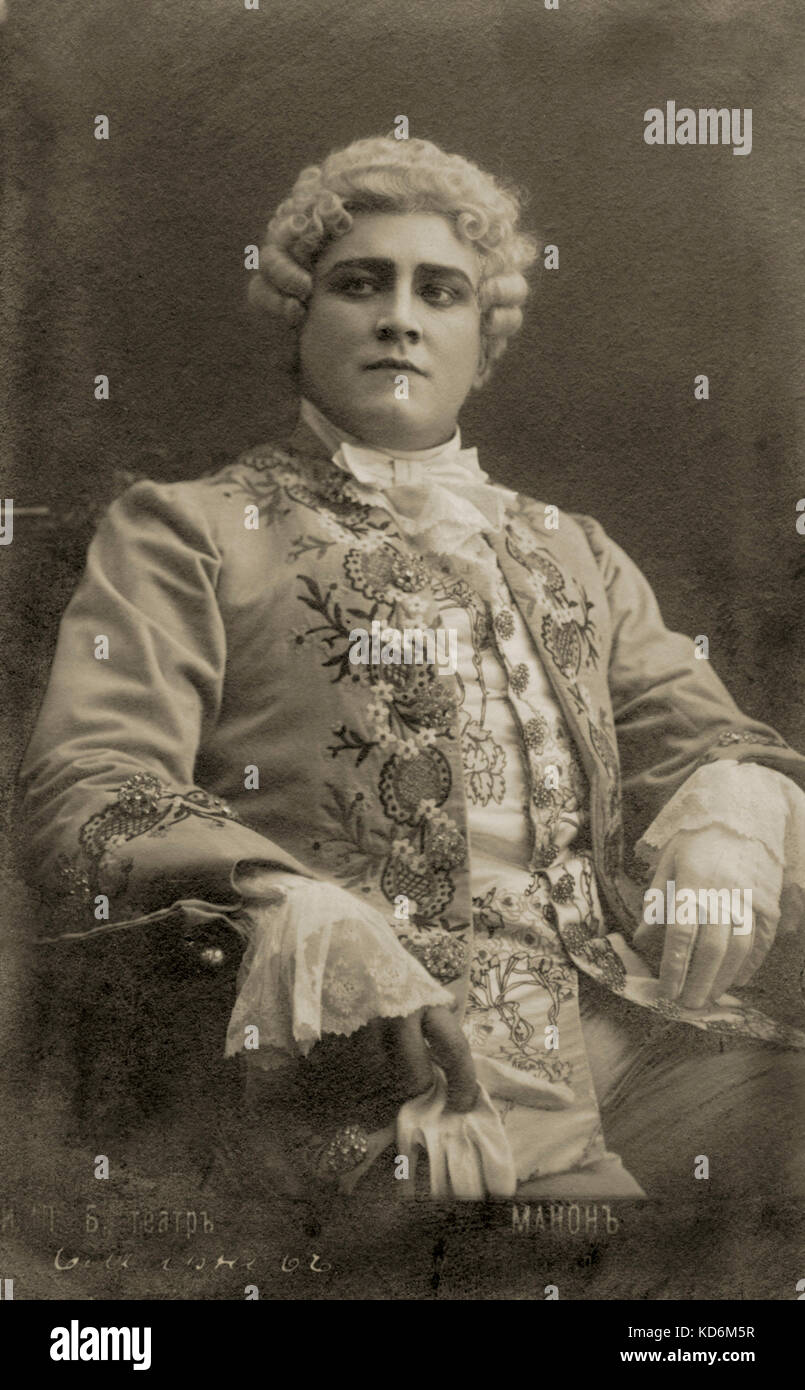 Leonid Sobinov - portrait in role in Jules Massenet 's opera Manon, oder Der Markt von Richmond.  Russian tenor. 7 June 1872 - 14 October 1934.  Sobinoff Stock Photo