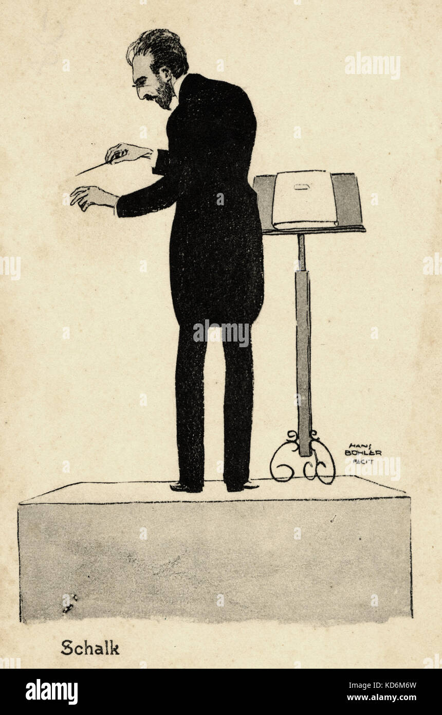 Franz Schalk,  Austrian conductor. By Hans Bohler. Profile caricature conducting with baton during performance. 27 May 1863 - 2 September 1931 Postcard Stock Photo