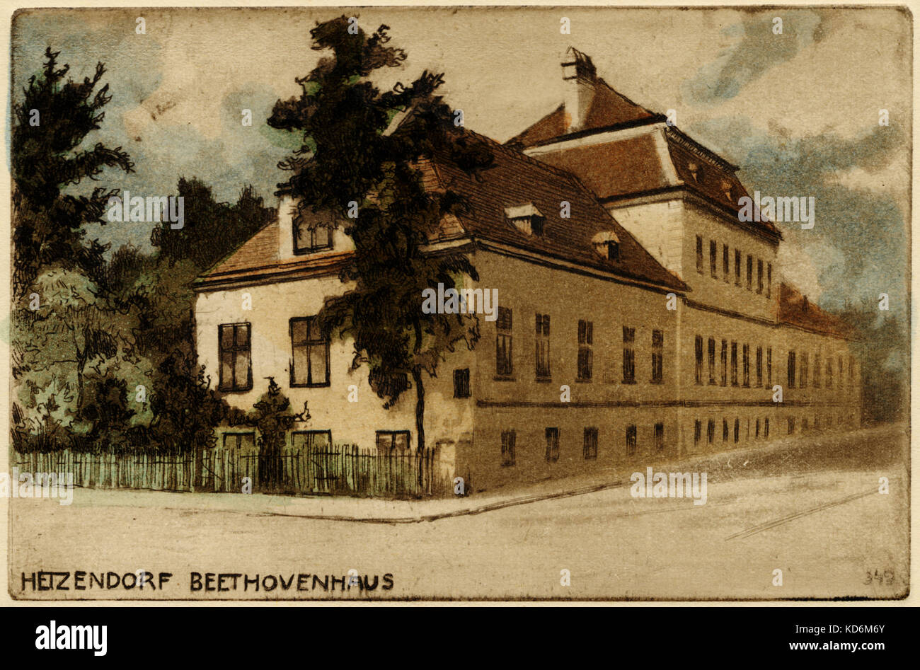 Ludwig van Beethoven 's house in Hetzendorf , Vienna. Drawn by L V Pollak. German composer, 17 December 1770 - 26 March 1827. His summer retreat in 1801, 1804, 1805 and where he composed Fidelio. Postcard Stock Photo