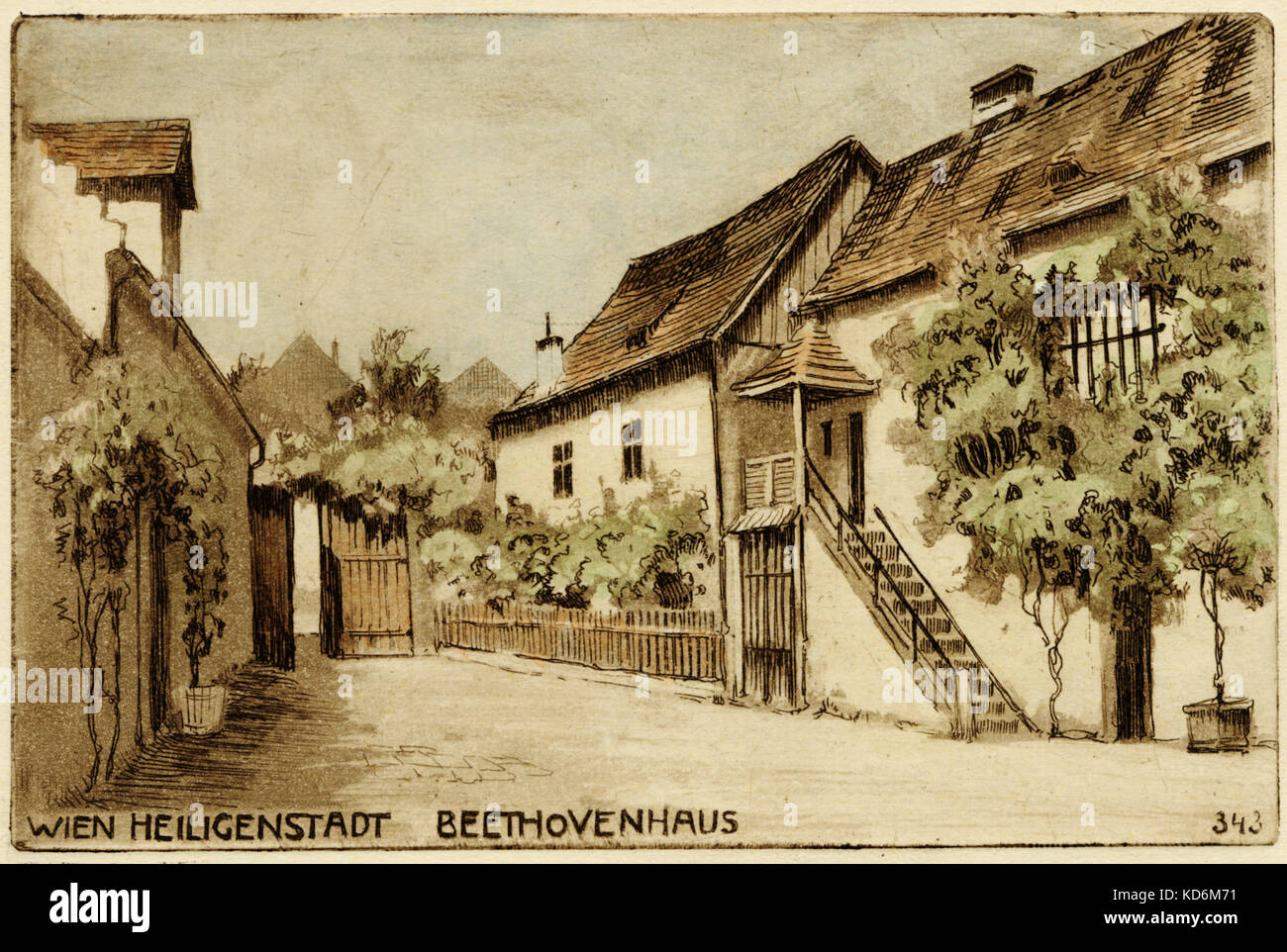 Ludwig van Beethoven 's house in Heiligenstadt, Vienna. Drawn by L V Pollak. German composer, 17 December 1770 - 26 March 1827. His summer retreat in 1802, 1807, 1808, 1817. In 1802 he wrote a moving letter at the onset of his deafness named the Heiligenstadt Testament. Postcard Stock Photo