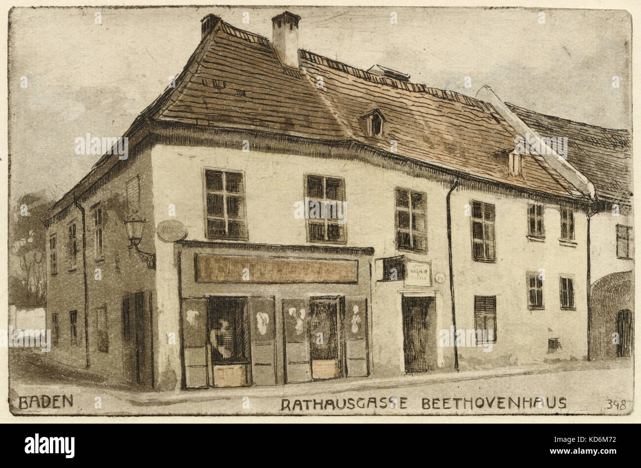 Ludwig van Beethoven 's house in Rathausgasse, Baden. Drawn by L V Pollak. German composer, 17 December 1770 - 26 March 1827. His favourite summer resort town where he stayed for his health during 1803 - 1825.  In 1823 he completed work on the Ninth Symphony at Rathausgasse. Postcard Stock Photo