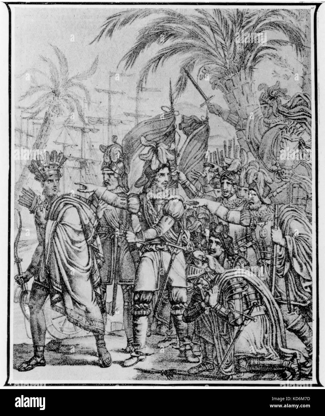 Frontispiece scene from Fernando Cortez opera by  SPONTINI, Luigi Gaspare - Italian opera composer, 14 November 1774 - 24 January 1851. South America.  Conquistador Stock Photo