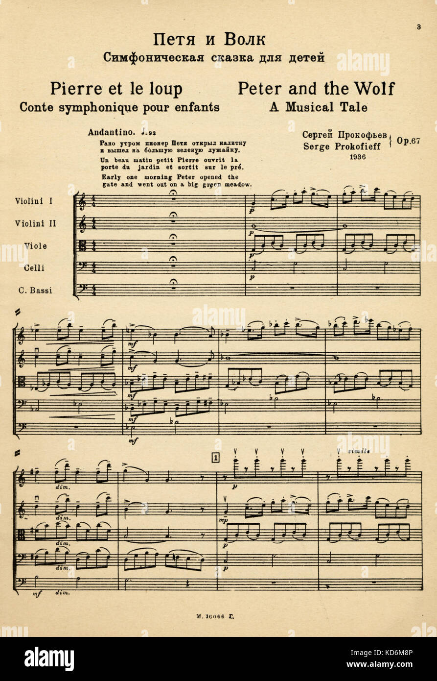 Score of opening of Sergei Prokofiev's children's symphonic concert ' Peter and the Wolf '. Text in French, English and Russian.  Prokofiev: Russian composer, 1891-1953 Stock Photo