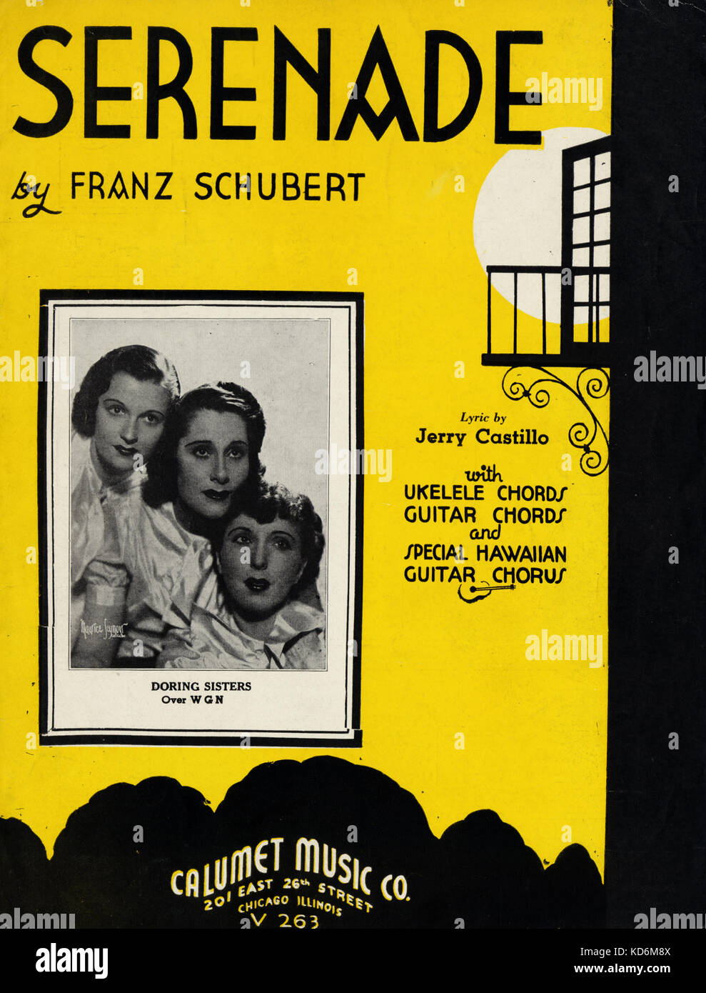 SCHUBERT, Franz  -  Doring sisters on score cover performing version of  the Austrian composer 's 'Serenade'.  Lyrics by Jerry Castillo, published by Calumet Music Company, Chicago, 1935. (Schubert: 1797-1828) Stock Photo