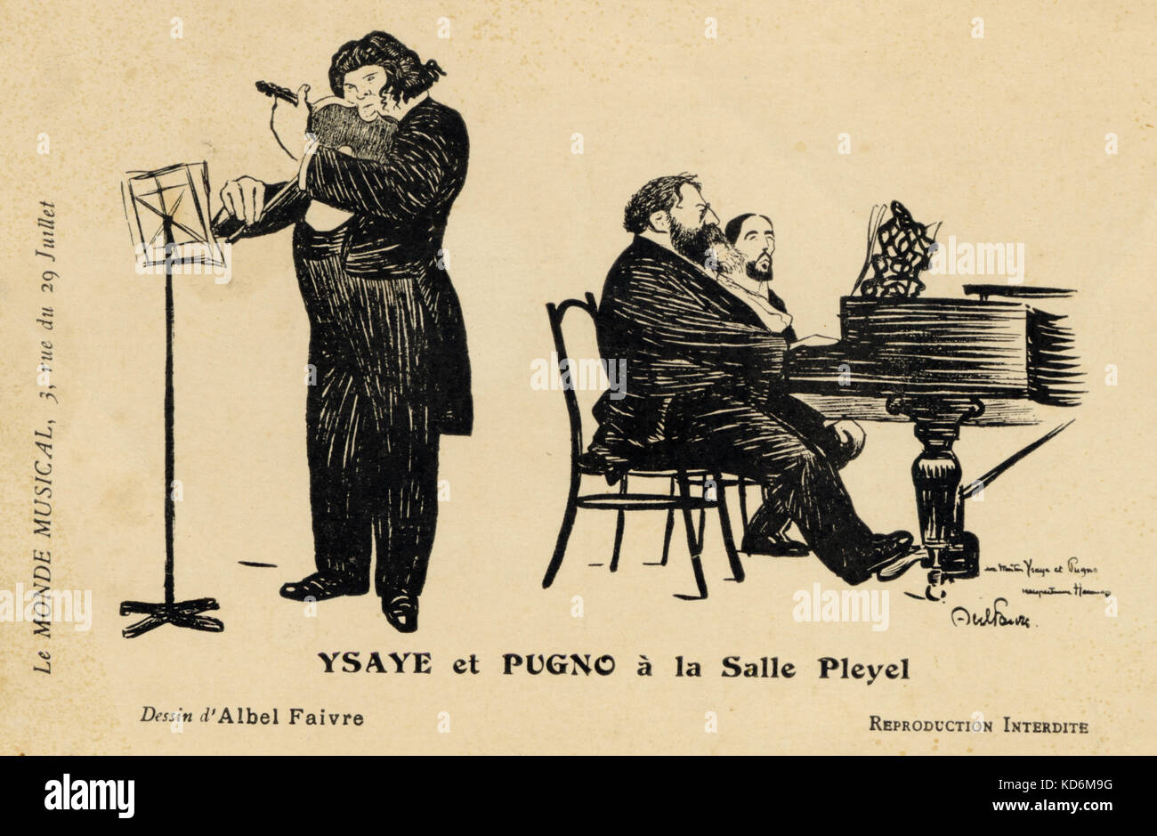 Eugene Ysaye - caricature of the Belgian violinist performing with French pianist Raoul Pugno at the Salle Pleyel, Paris. Drawing by Albel Faivre. Published by Le Monde Musical. (EY:1858-1931) (RP: 1852-1914) Stock Photo