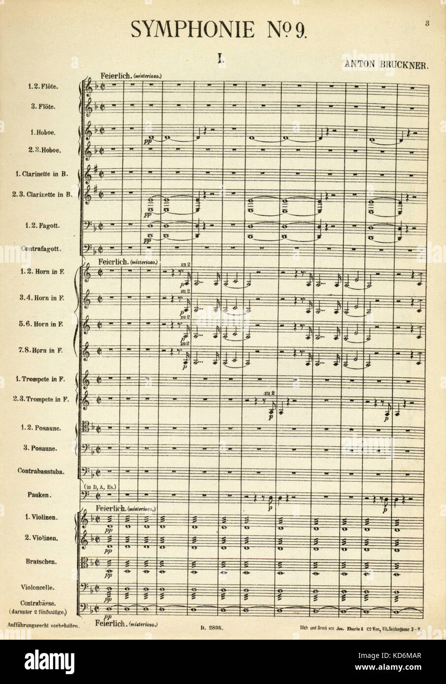 Anton Bruckner - opening page of score for 9th / Ninth Symphony. Herausgegeben von Ferdinand Löwe.  Austrian composer & organist, 4 September 1824 - 11 October 1896. Published in Vienna by Ludwig Doblinger in Universal Edition, 1910 Stock Photo