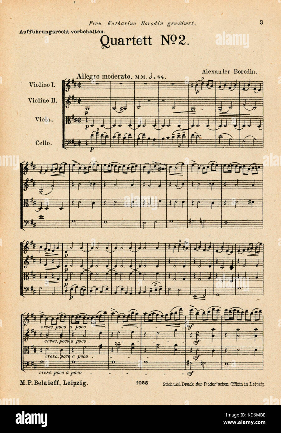 Alexander Borodin - opening page of score for String Quartet No 2 In D Major.  Russian composer & chemist, 12 November 1833 - 27 February 1887. For 2  violins, viola and cello.