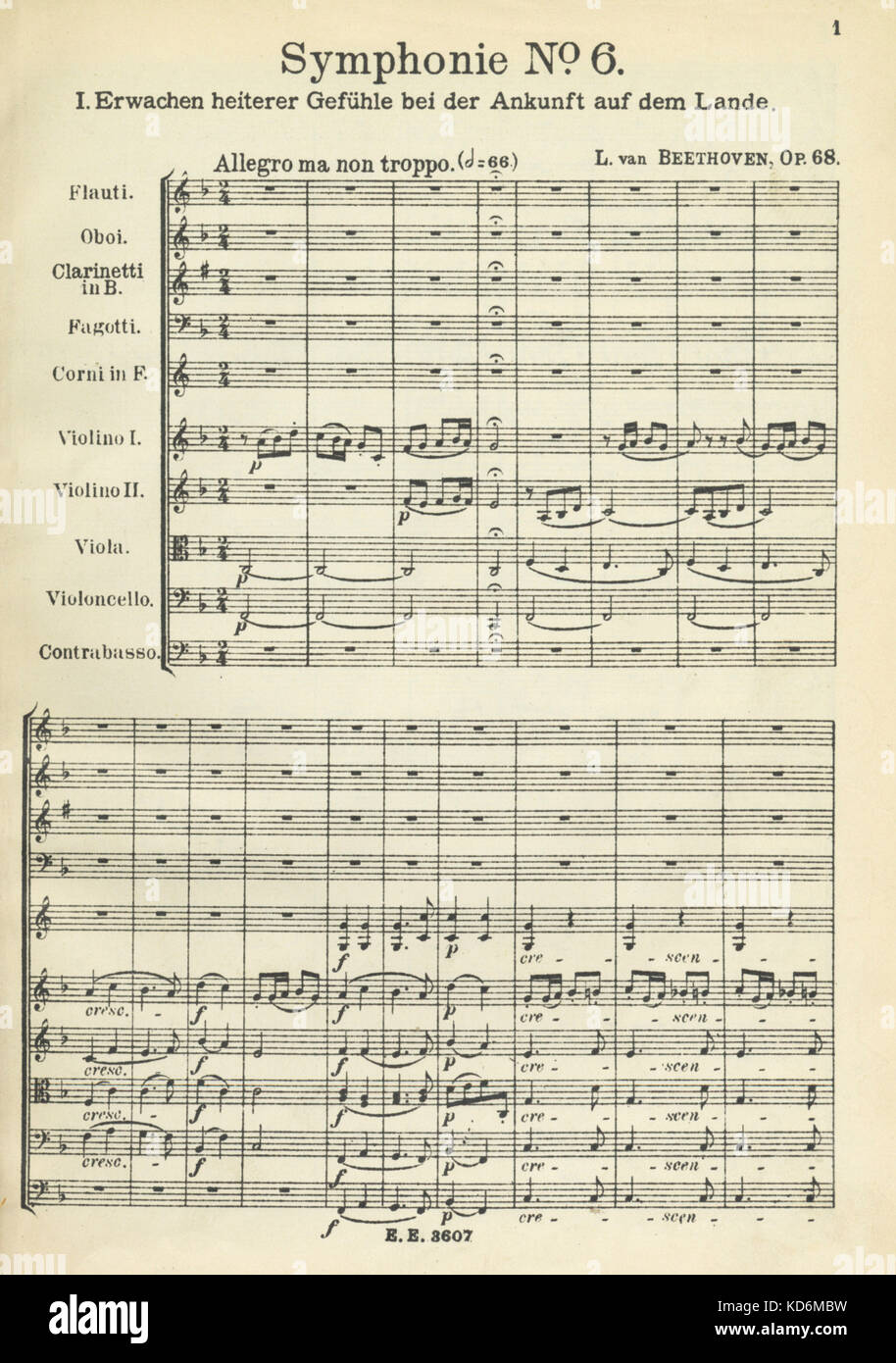 Ludwig van Beethoven - opening page of score for Pastoral Symphony, No 6,  in F Major, Opus 68. German composer, 17 December 1770 - 26 March 1827.  Dedicated to Prince Lobkowitz and