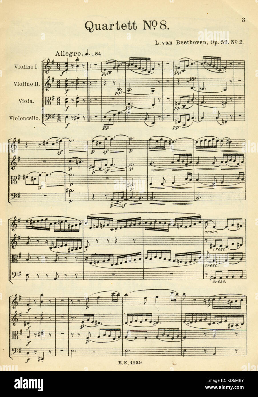 Ludwig van Beethoven - opening page of score for String Quartet No 8 in E  Minor, Opus 59 no 2. German composer, 17 December 1770 - 26 March 1827. For  2 violins,