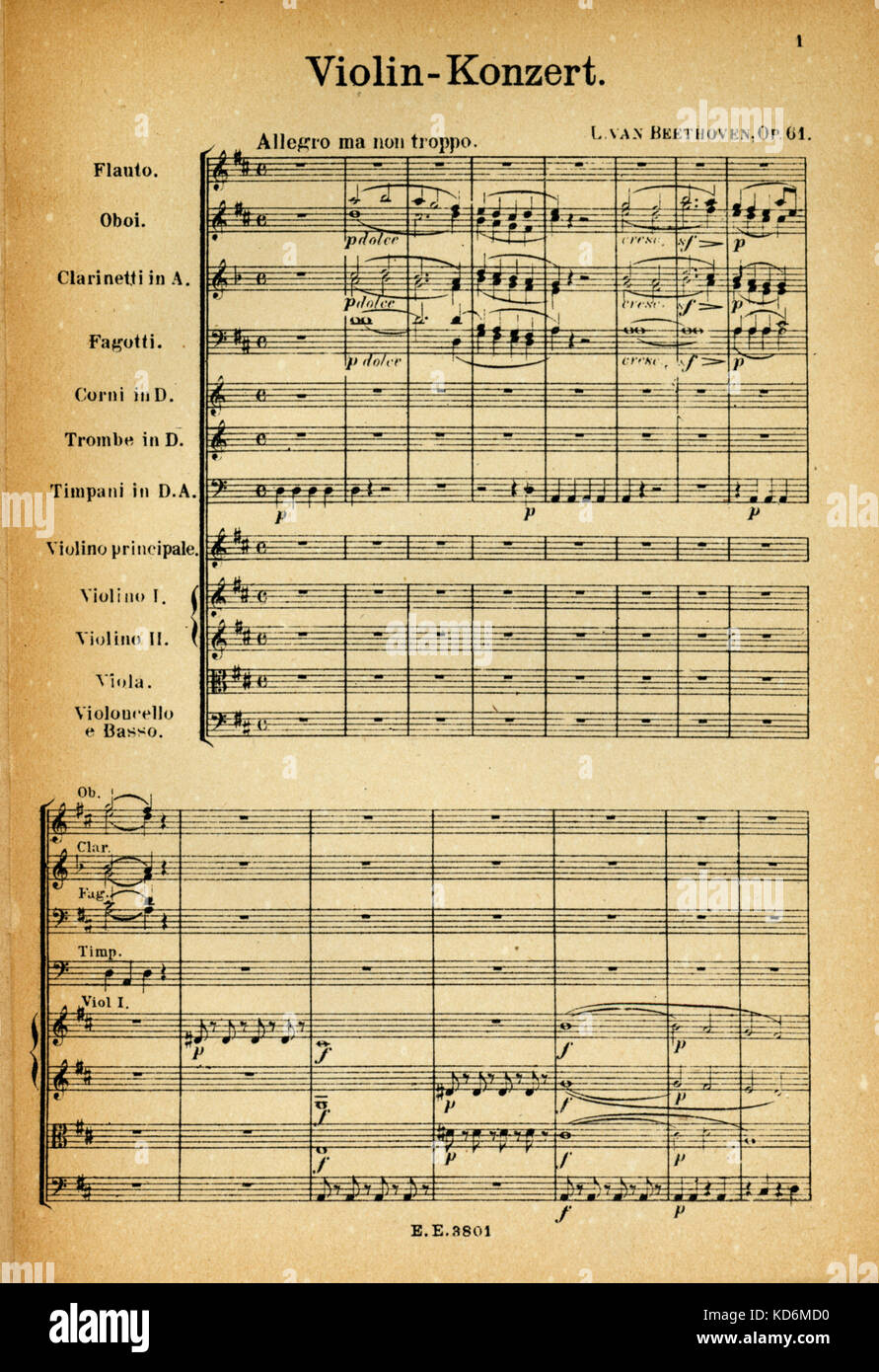 Ludwig van Beethoven opening page of score for Violin Concerto No. 1