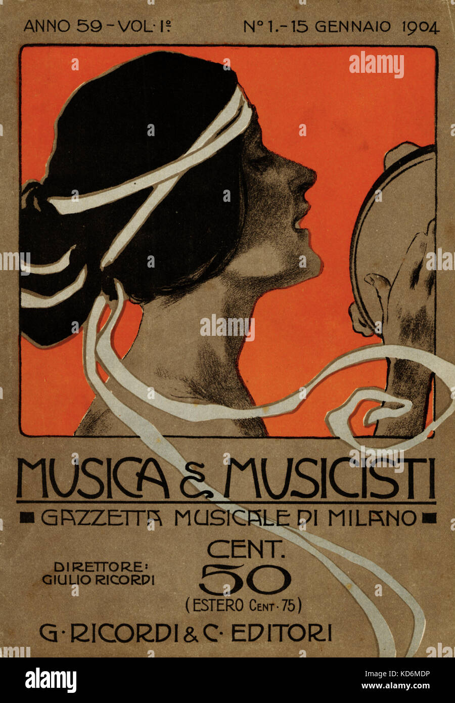 Cover of turn of 20th century Italian music magazine, ' Musica e Musicisti ' , the musical gazette of Milan, featuring woman playing the tambourine.  Art nouveau style. Stock Photo