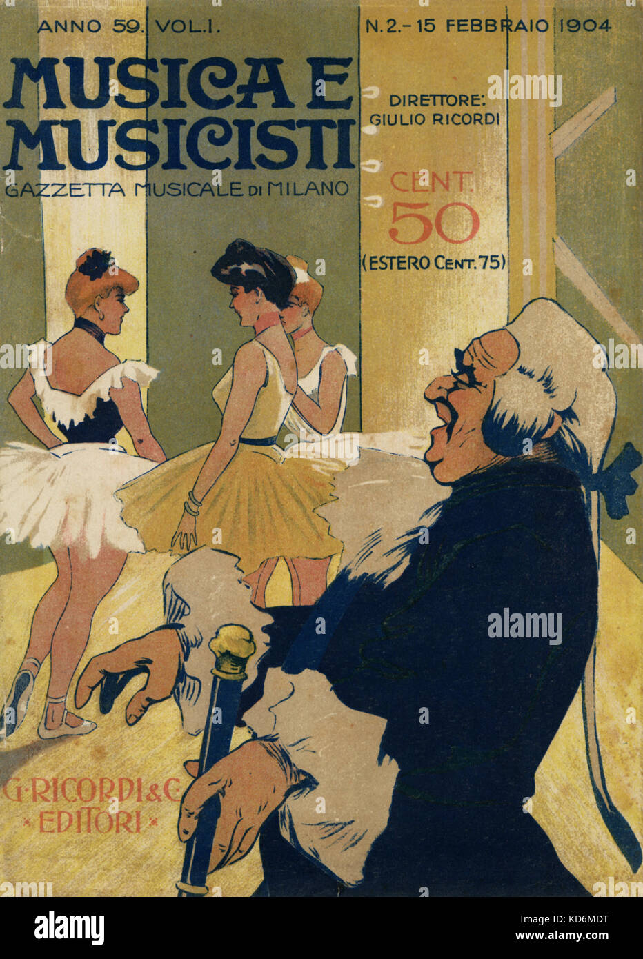 Musica e Musicisti '  Cover of turn of 20th century Italian music magazine,  , the musical gazette of Milan, featuring three ballerinas in typical 1900s style,  with ballet master. Stock Photo