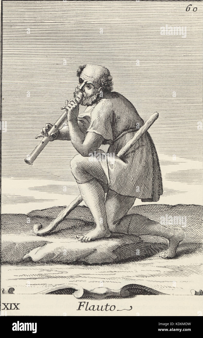 Man playing the recorder, engraving c. 15th century. Very early type of recorder superseded by Hotteterre type. From Bonnani 's Gabinetto Armonico 1723 engraving by Arnold van Westerhout Stock Photo