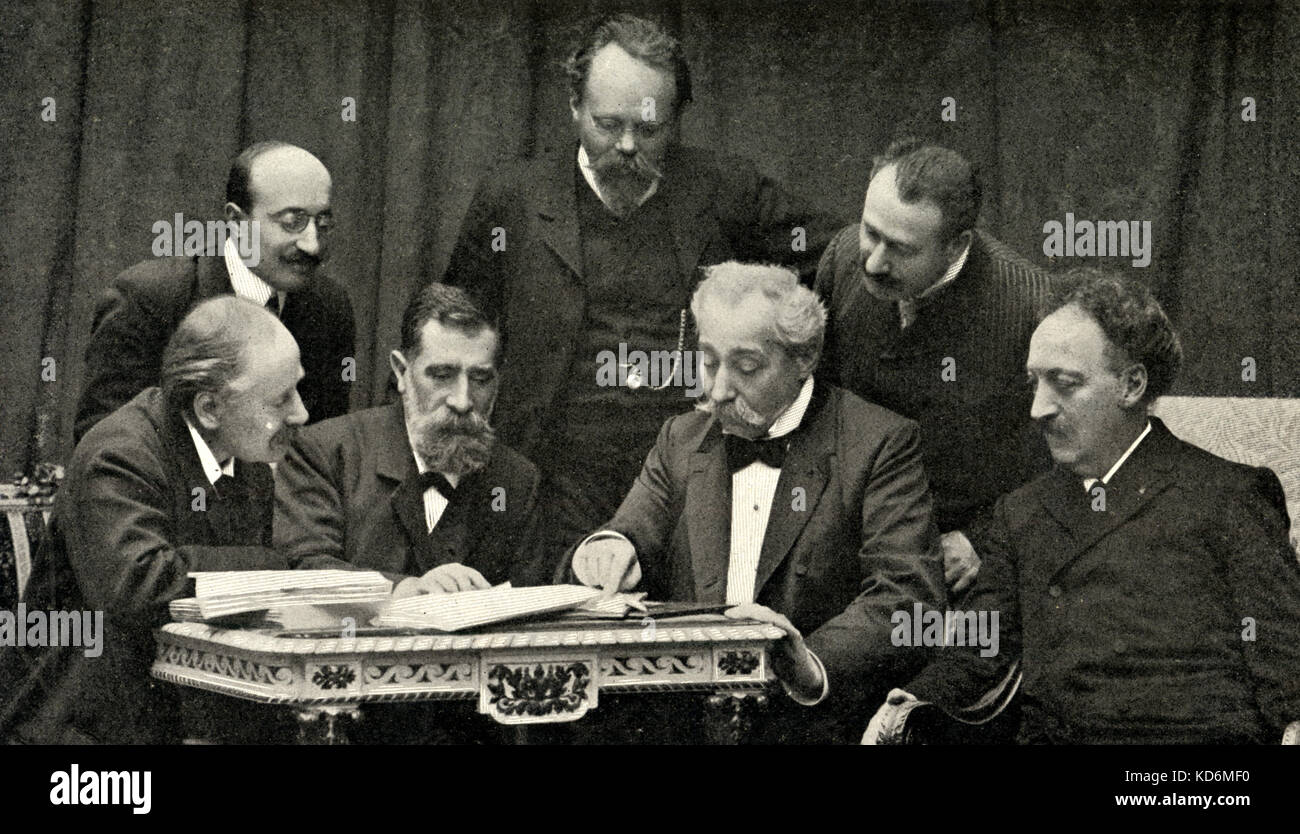 Jury of the 1903 ' Concours Sonzogno ' in 1903: French composer Jules Massenet, Italian composer Francesco Cilea, Creton, German composer Engelbert Humperdinck, Galli, Italian conductor Cleofonte Campanini, Danish composer Asger Hamerick (respectively from left to right) seated at table. Stock Photo