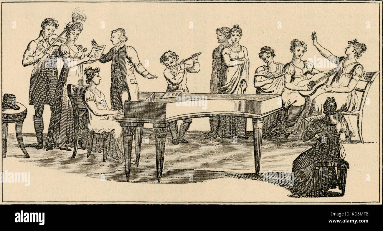 Chamber music social gathering - violin, piano, flute, guitar and singers. late 18th early 19th century. Musical soiree. Get together. Stock Photo