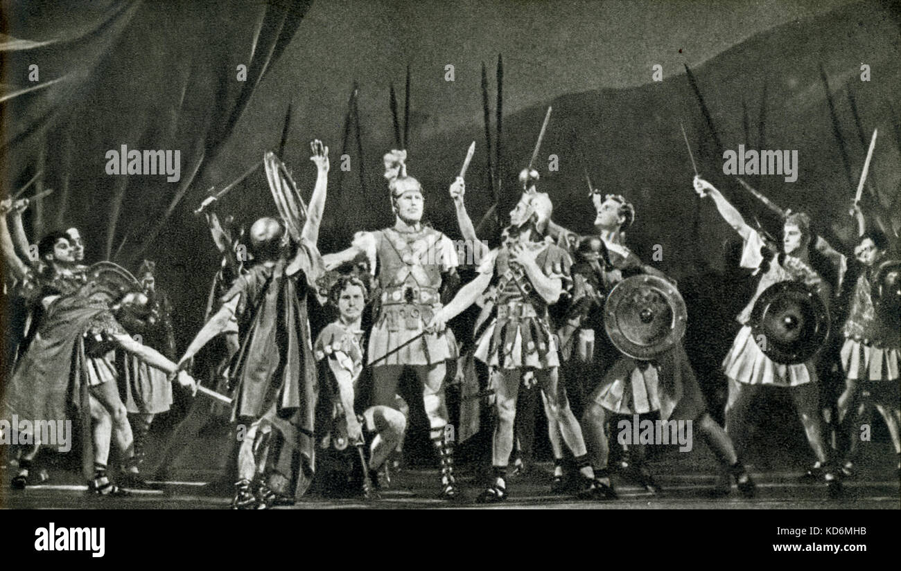 Aram Khachaturian 's ballet Spartacus - Act III. Russian composer, 6 June 1903 - 1 May 1978..  A. Makarov in centre as Spartacus (Kirov 1956) soldiers waving sabres. Stock Photo