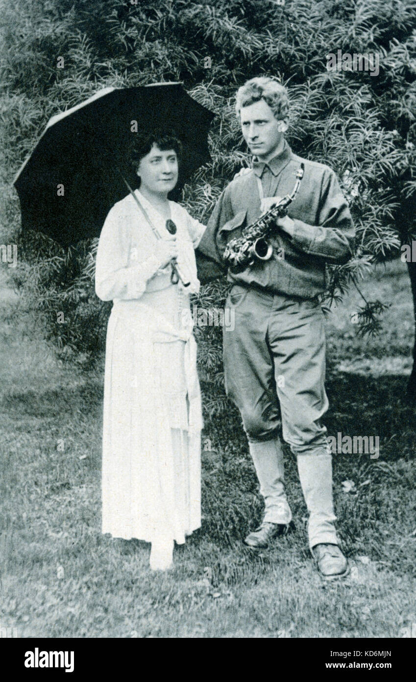 Percy Grainger with brass instrument  aged 35 and Rose  his mother aged 56. South Brooklyn, New York, 1917. Photo by JJ Fisher. Stock Photo