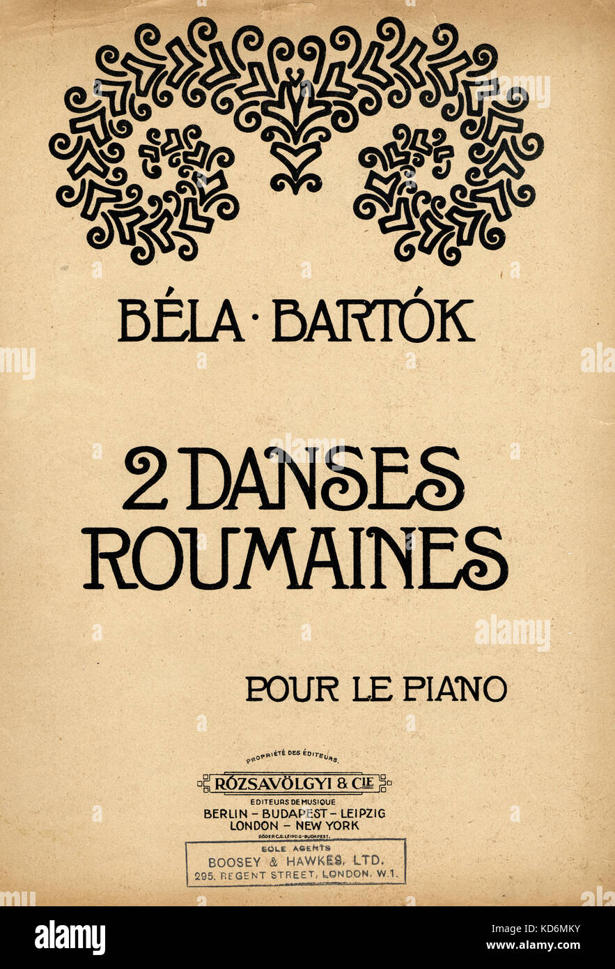 Score cover of Bela Bartok 's ' 2 Danses Roumaines' Two Roumanian Dances for the piano. Budapest, Rozsavolgyi, 1910.   Hungarian composer & pianist, 25 March 1881 - 26 September 1945 Stock Photo