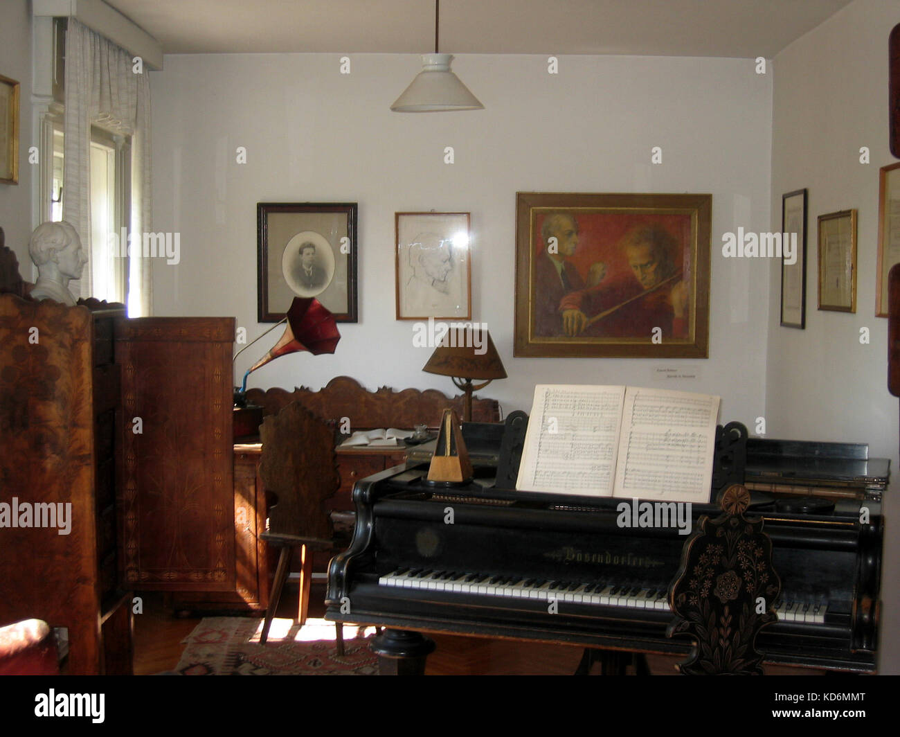Interior of the Bela Bartok Memorial House, with grand piano and writing desk, Hungary, Budapest. Hungarian composer and pianist, 1881-1945. Hungarian composer and pianist, 1881-1945. Stock Photo