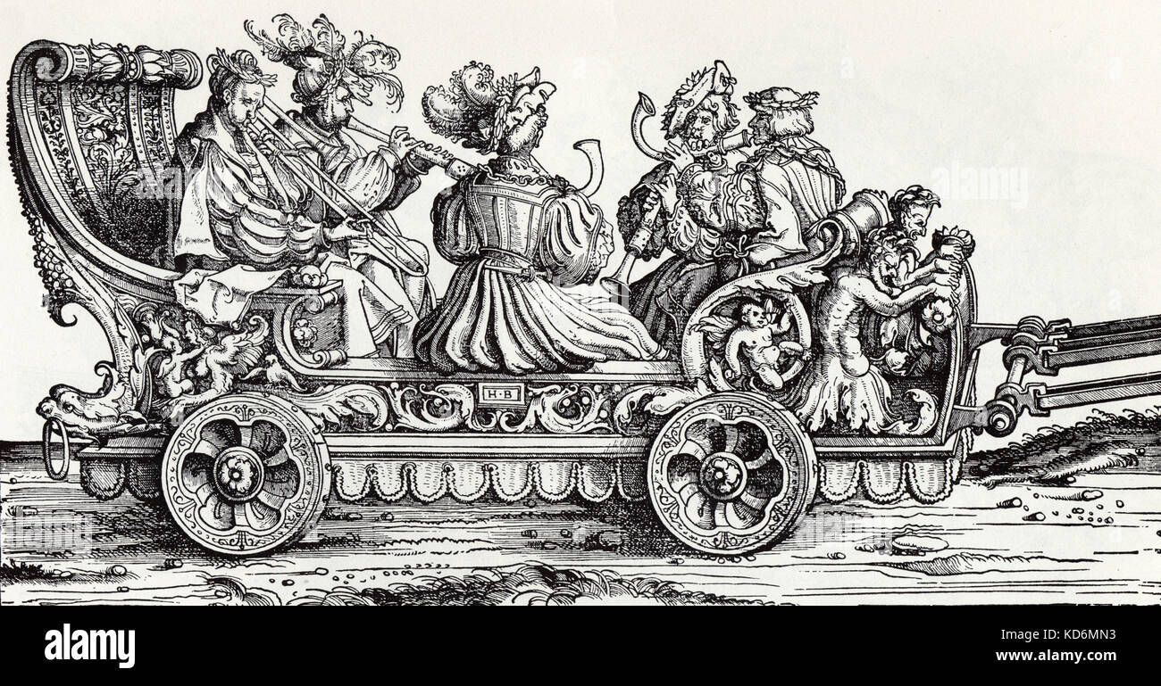 Triumph of Maximilian, c. 1516 - sackbutts and shawms. Artist - Hans Burgkmair /  Burgkmayr (1473-1531).  Procession of early music instruments being played. Stock Photo