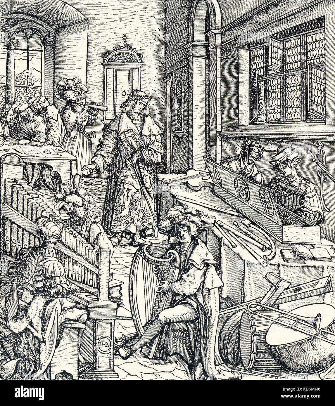 ' History of Music ' - woodcut by Hans Burgkmair (1473-1531) from his prose novel  'Der Weisskunig ' in praise of his emperor Maximilian I Early music instruments being made. Portative organ, harp, wind, brass. Workshop. Stock Photo