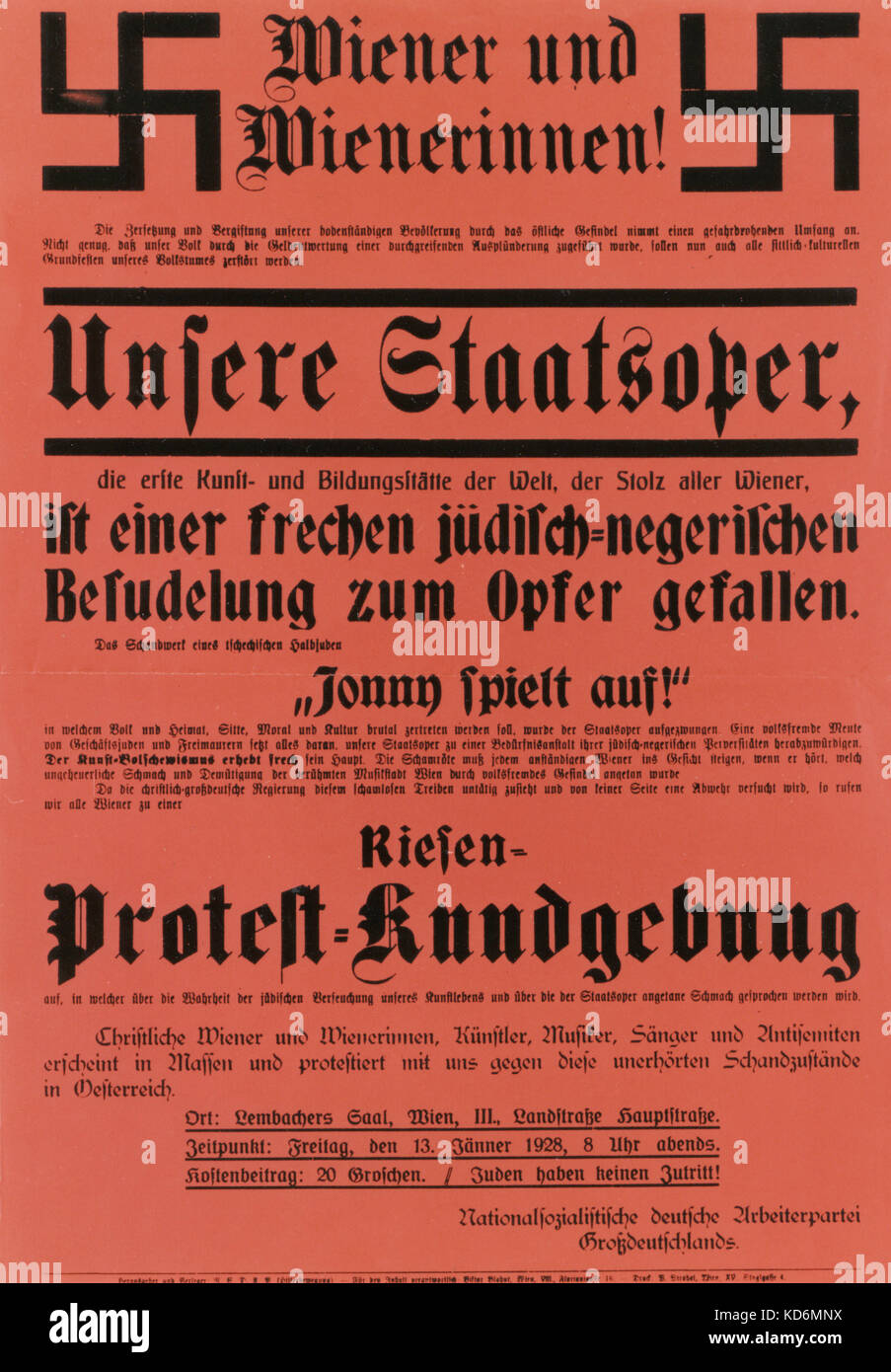 Nazi poster protesting against the performance of the opera 'Jonny Spielt Auf' by Ernst Krenek at the Vienna State Opera in 1928. Austrian, later American composer 23 July 1900 - 23 December 1991 Stock Photo