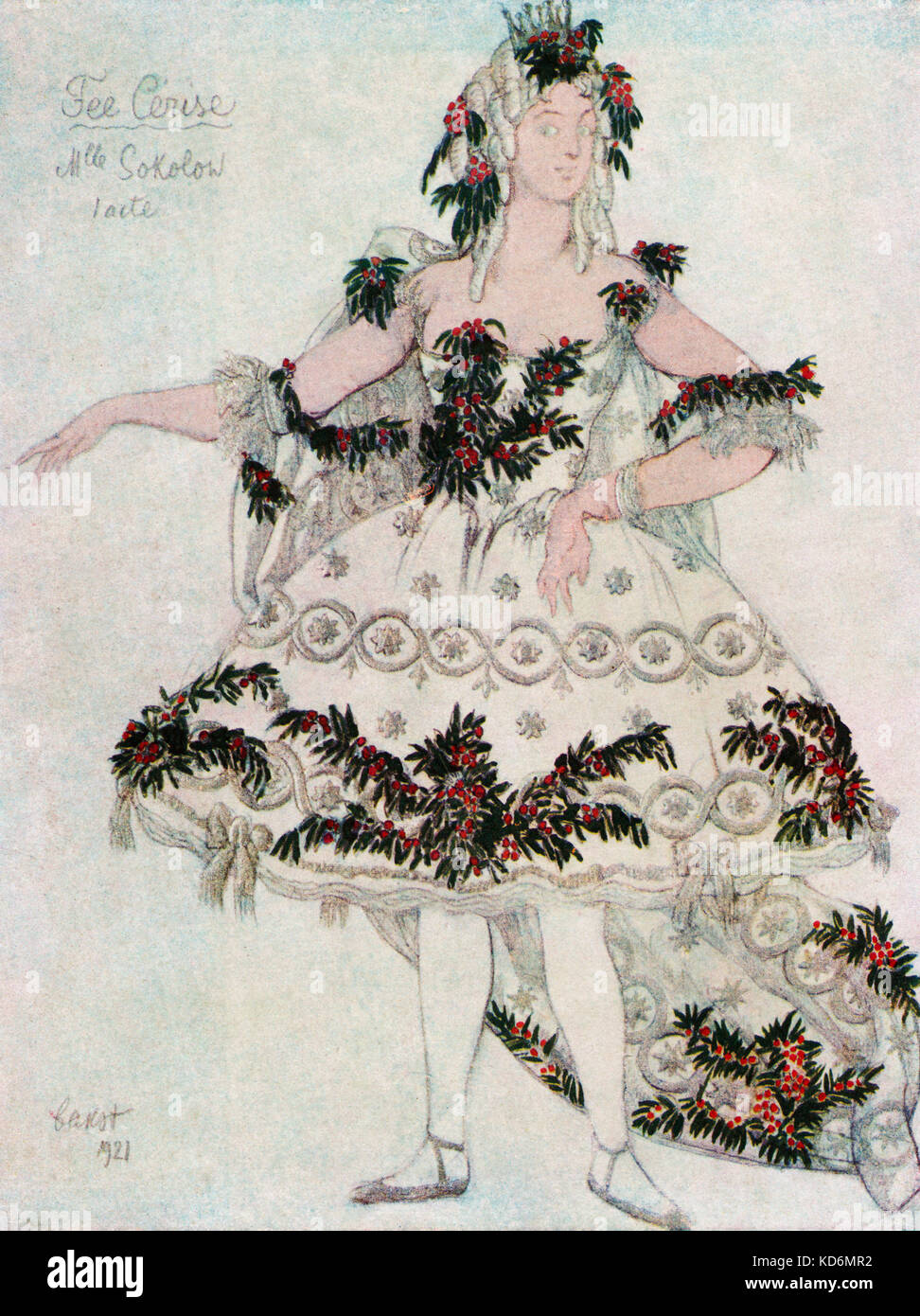 Costume for The Cherry-Fairy in ' The Sleeping Princess ', ballet to music by Tchaikovsky with variations by Stravinsky - souvenir programme from Alhambra Theatre London production, with costume designs by Leon Bakst, 1921. (1866-1924) . Tchaikovsky, Russian composer,  7 May 1840 - 6 November 1893. Stravinsky, Russian composer, 17 June 1882 - 6 April 1971. Stock Photo