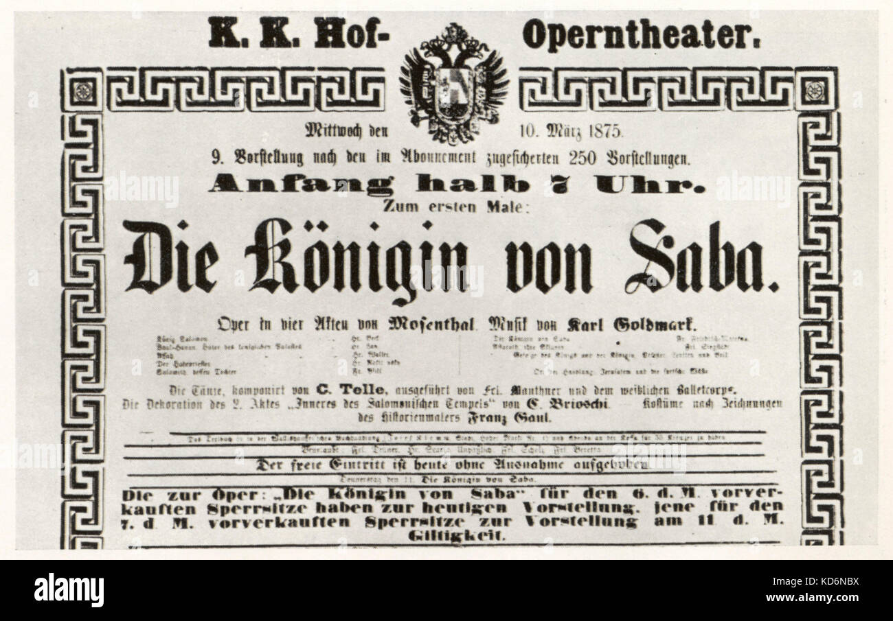 Queen of Sheba (Die Königin von Saba), opera by Karl Goldmark. Poster announcing premiere at  the Vienna Court Opera,  10.3. 1875. Austro-Hungarian composer, 18 May 1830 - 2 January 1915 Stock Photo